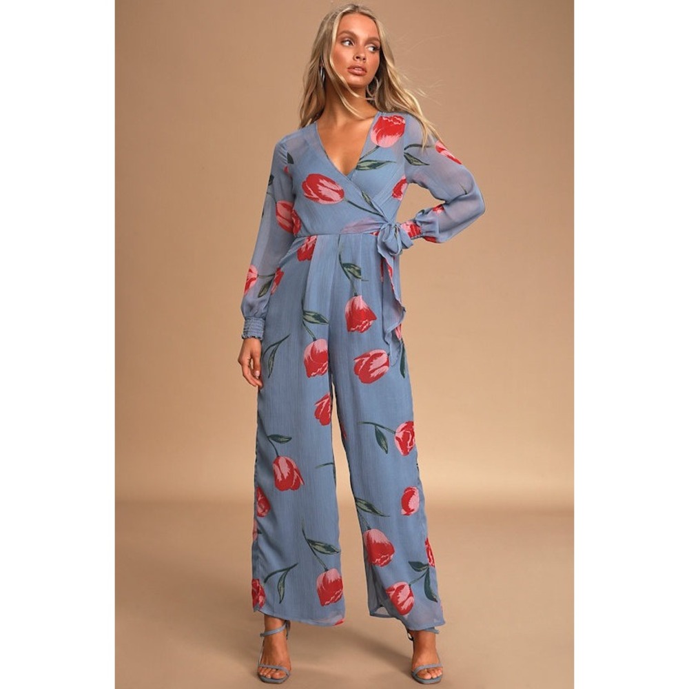 Lulus Light Blue Red Tulip Floral Wrap Front Wide Leg Jumpsuit Long Sleeve M